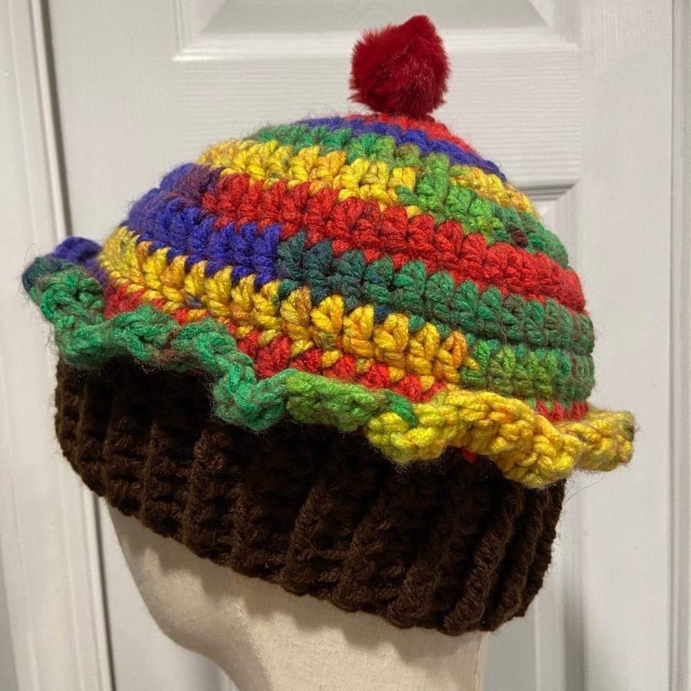 Handmade Crochet Rainbow Chocolate Cupcake Beanie Winter Hat Cozy Comfy Warm
